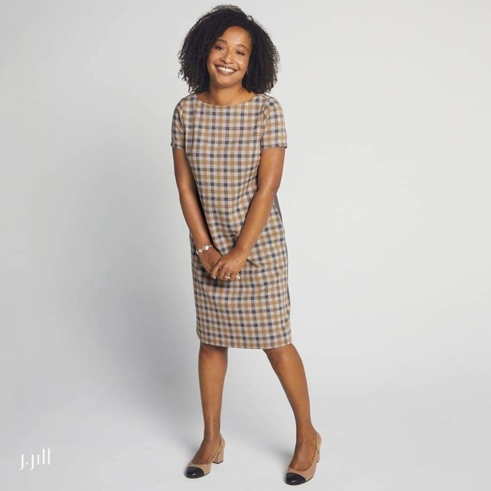 J. Jill Plaid Shift Dress‎ Gray Tan Size Small